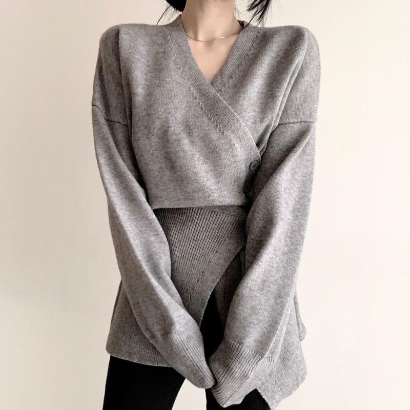 V-Neck Plain Button Wrap Sweater