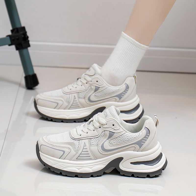 Platform Panel Mesh Lace-Up Sneakers