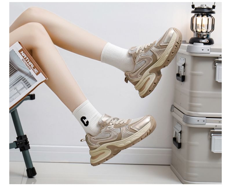 Platform Panel Mesh Lace-Up Sneakers