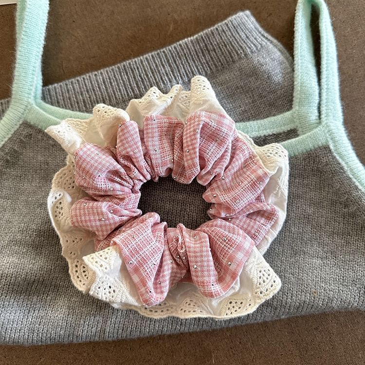 Lace-Trim Plaid Scrunchie