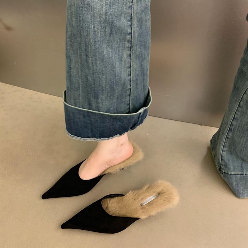 Heel Pointed Mules Kitten Toe Fleece-Lined