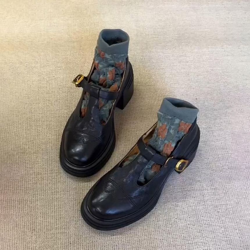 Faux Platform Leather Mary T-Strap Jane Shoes Plain