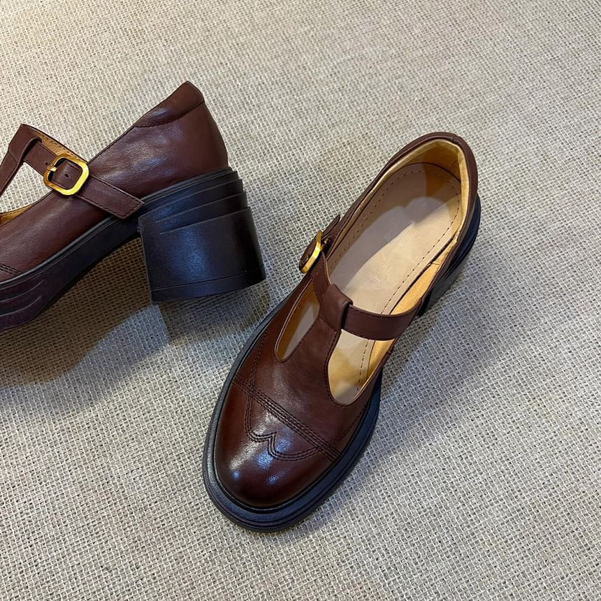 Faux Platform Leather Mary T-Strap Jane Shoes Plain