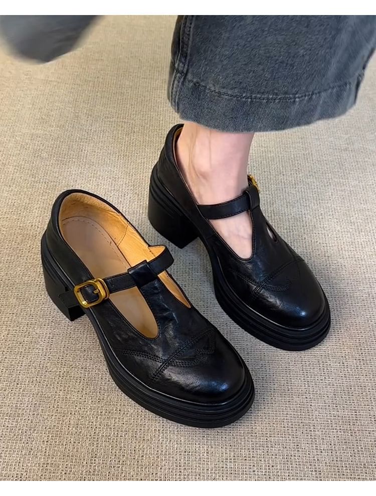 Faux Platform Leather Mary T-Strap Jane Shoes Plain