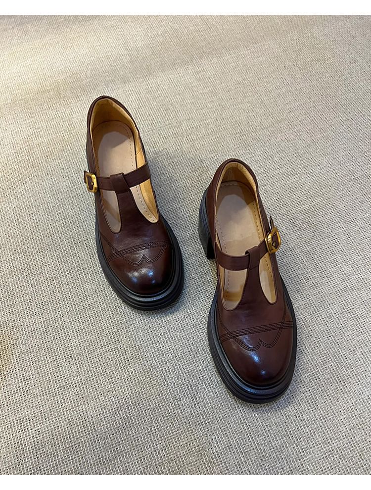 Faux Platform Leather Mary T-Strap Jane Shoes Plain