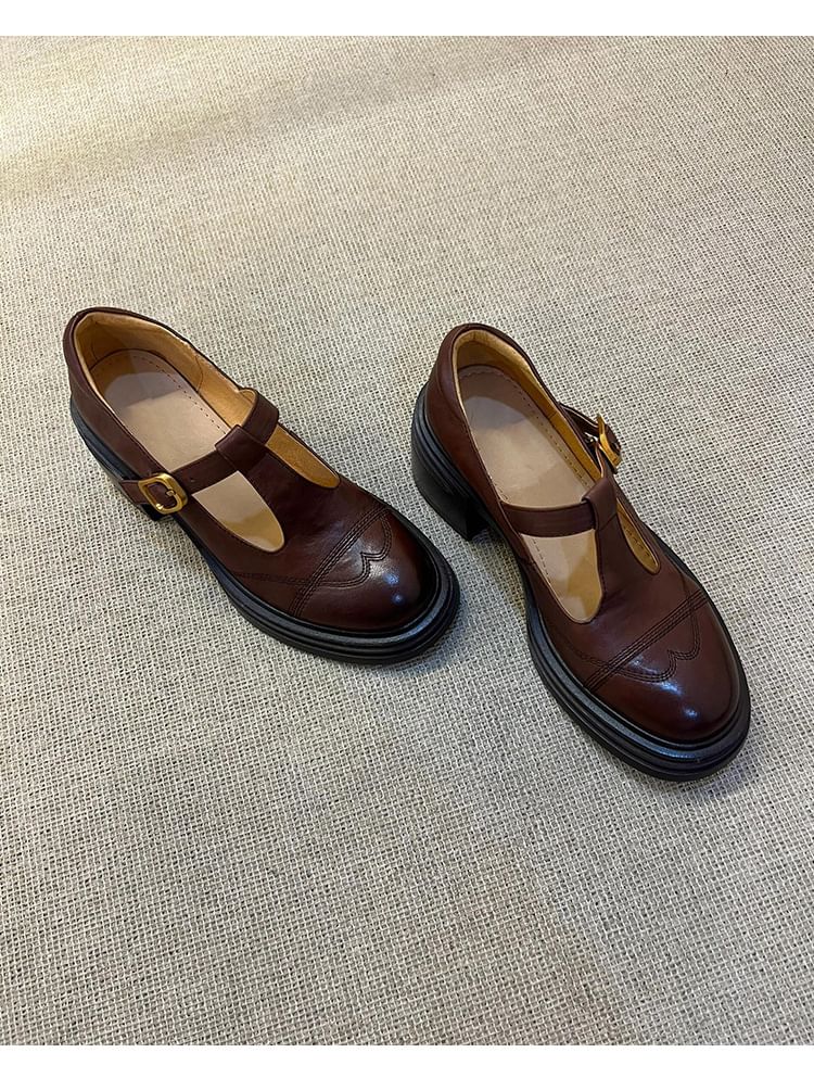 Faux Platform Leather Mary T-Strap Jane Shoes Plain