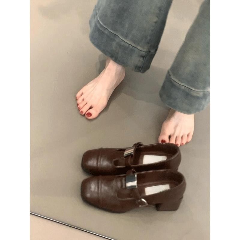 Heel Faux Plain Mary Square Leather Jane Toe Pumps Chunky T-Strap