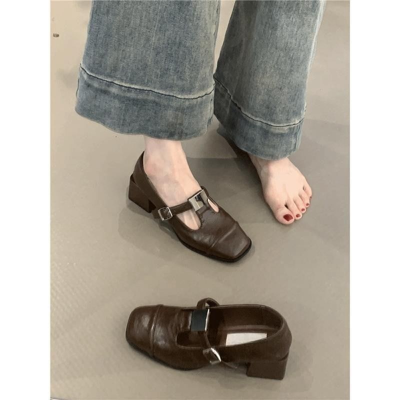 Heel Faux Plain Mary Square Leather Jane Toe Pumps Chunky T-Strap