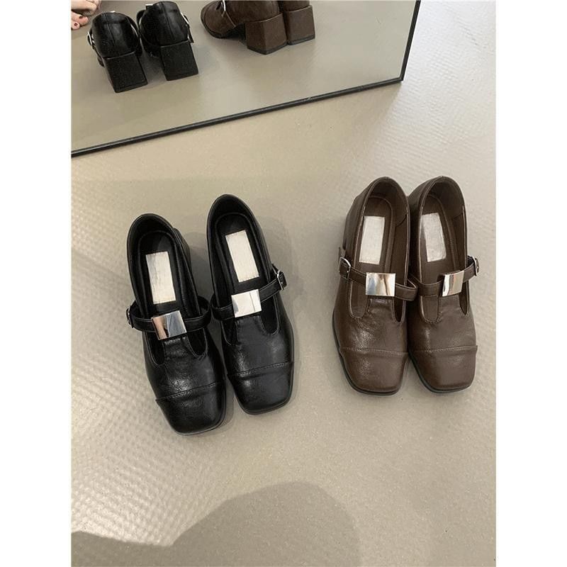 Heel Faux Plain Mary Square Leather Jane Toe Pumps Chunky T-Strap