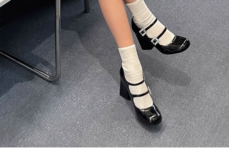 Rhinestone Pumps Patent Buckled Heel Mary Chunky Leather Jane