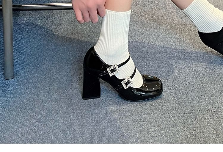 Rhinestone Pumps Patent Buckled Heel Mary Chunky Leather Jane