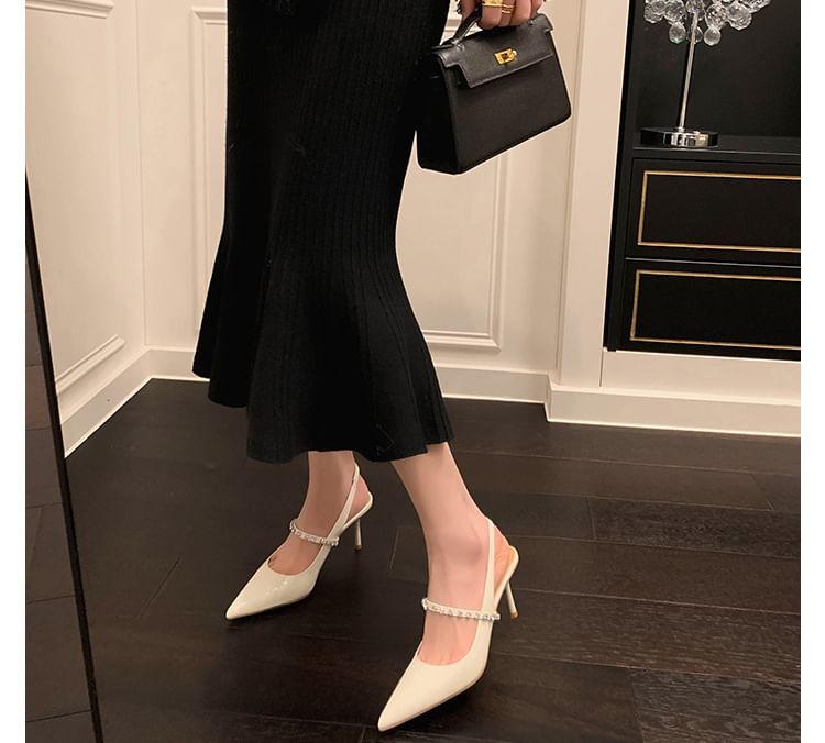 Accent Leather Toe Slingback Rhinestone Stiletto Pointed Sandals Patent