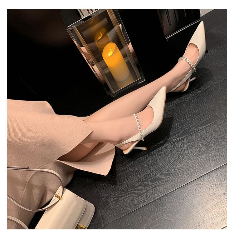 Accent Leather Toe Slingback Rhinestone Stiletto Pointed Sandals Patent