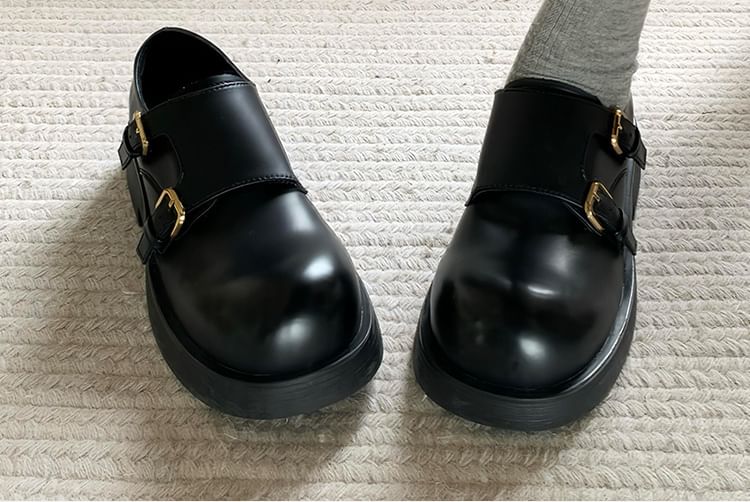 Monk Shoes Leather Strap Platform Plain Faux