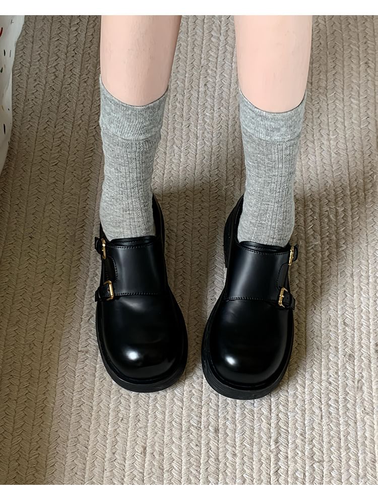 Monk Shoes Leather Strap Platform Plain Faux