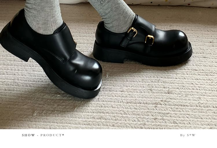 Monk Shoes Leather Strap Platform Plain Faux