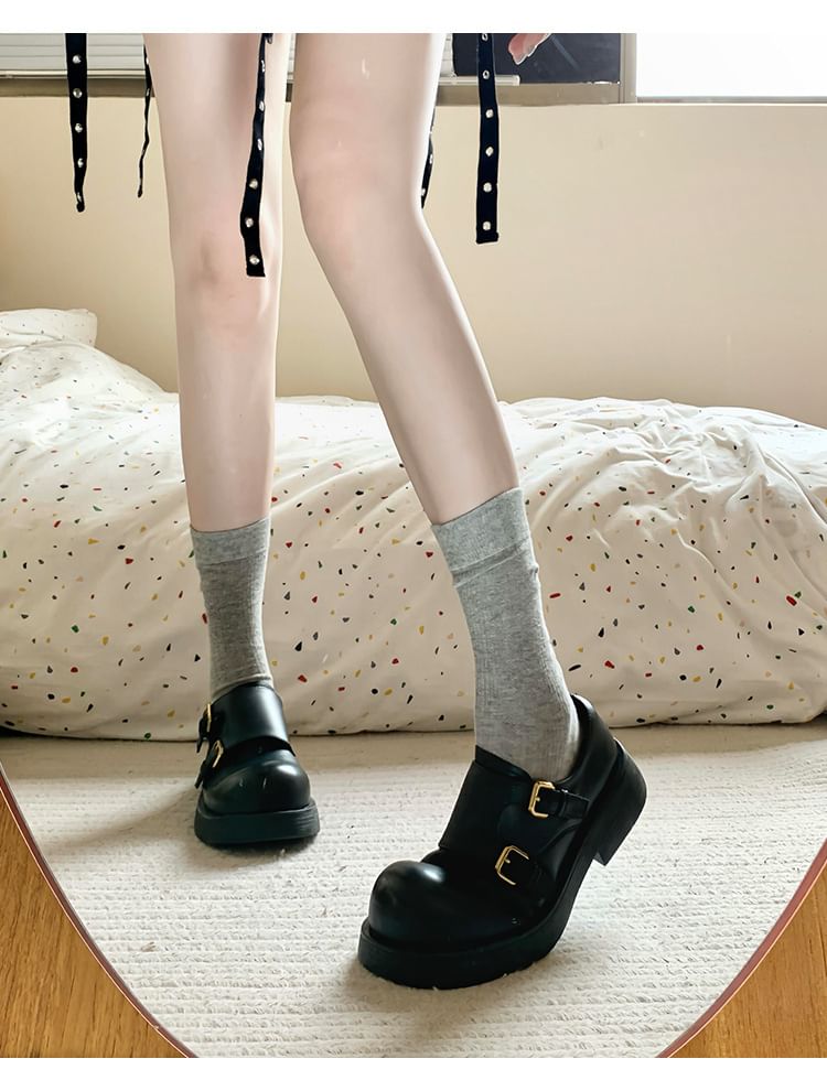 Monk Shoes Leather Strap Platform Plain Faux