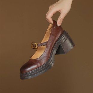 Faux Jane Shoes Buckled Heel Leather Plain Chunky Mary