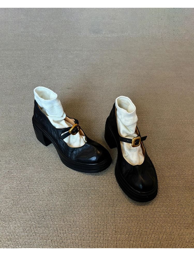 Faux Jane Shoes Buckled Heel Leather Plain Chunky Mary