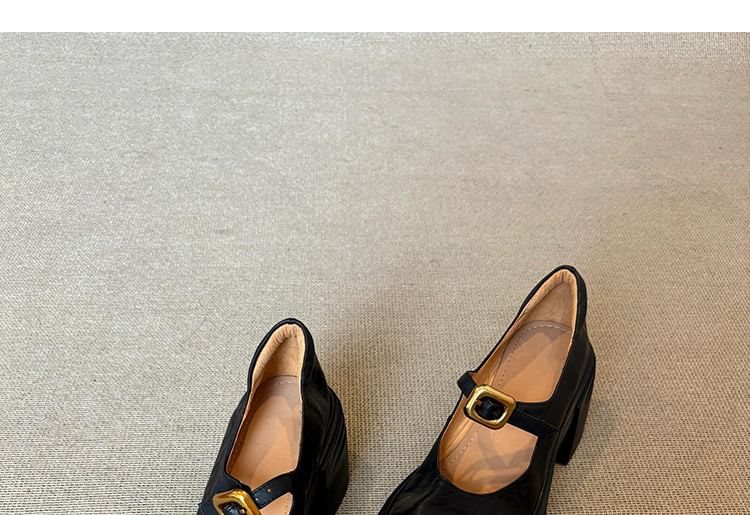 Faux Jane Shoes Buckled Heel Leather Plain Chunky Mary