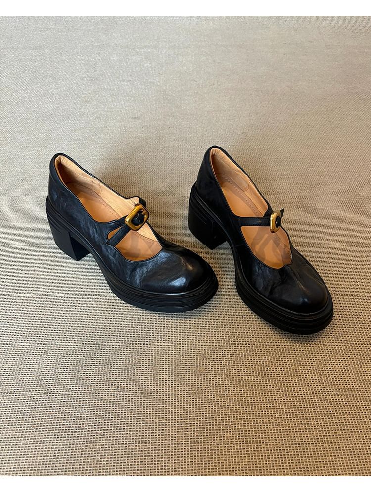 Faux Jane Shoes Buckled Heel Leather Plain Chunky Mary