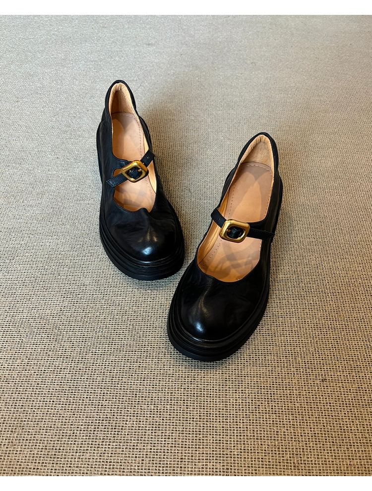 Faux Jane Shoes Buckled Heel Leather Plain Chunky Mary