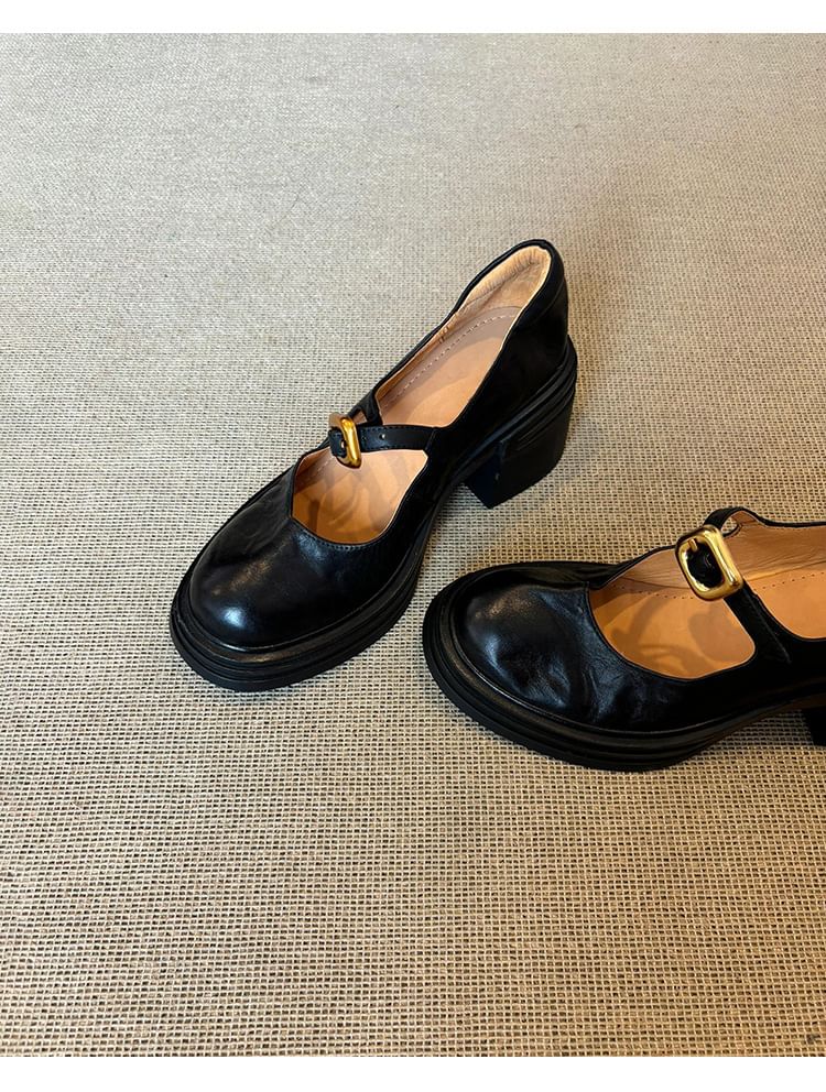 Faux Jane Shoes Buckled Heel Leather Plain Chunky Mary