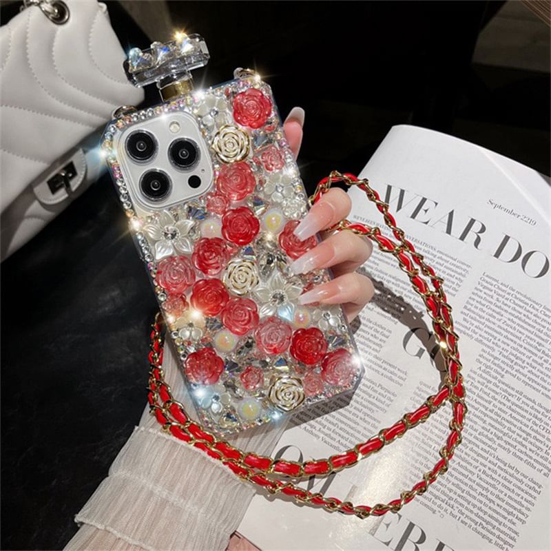 Rose Rhinestone Galaxy Lanyard Phone Case