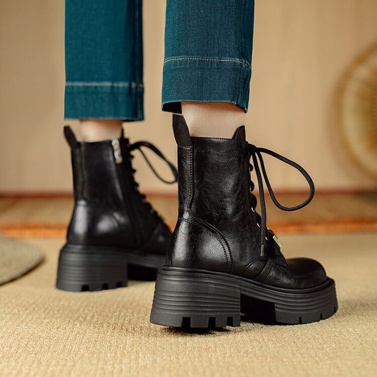 Platform Plain Buckled Lace-Up Genuine Leather Short Boots