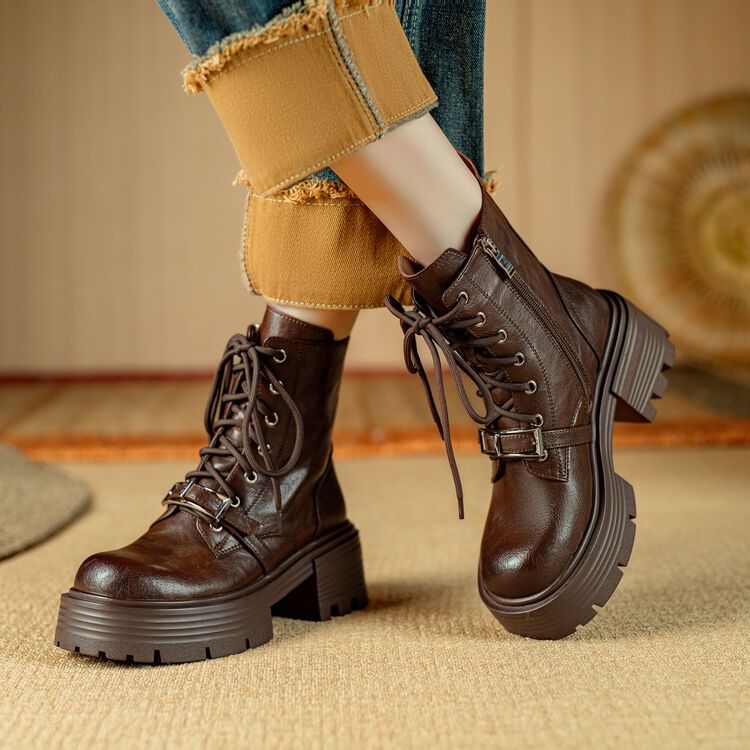 Platform Plain Buckled Lace-Up Genuine Leather Short Boots