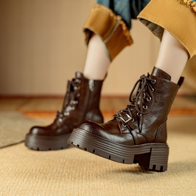 Platform Plain Buckled Lace-Up Genuine Leather Short Boots