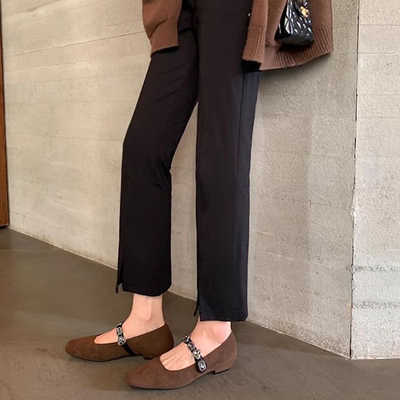 Leather Heart Flats Faux Buckled