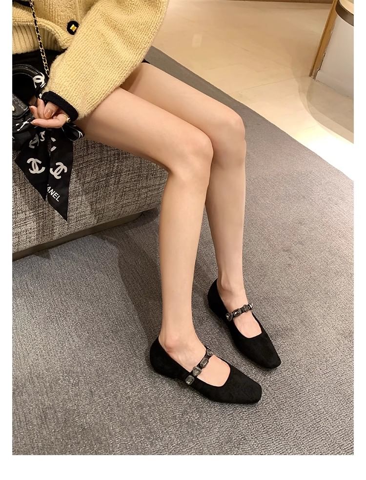 Leather Heart Flats Faux Buckled