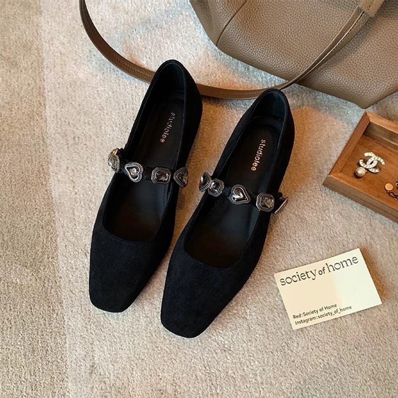 Leather Heart Flats Faux Buckled