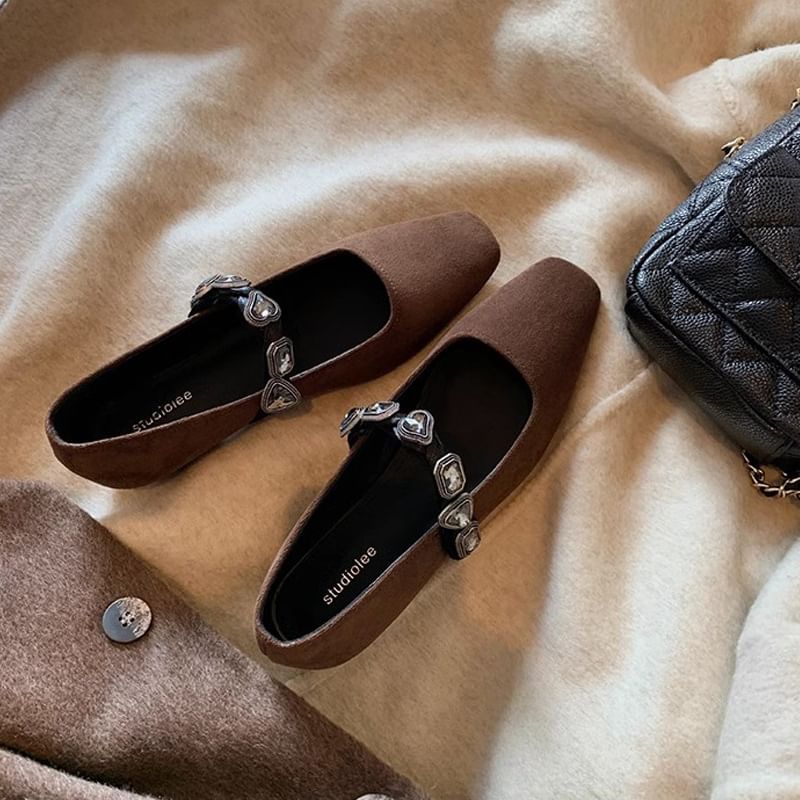 Leather Heart Flats Faux Buckled