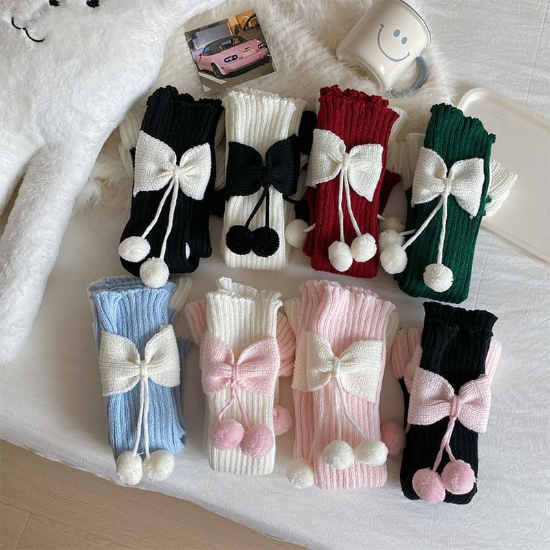 Two Tone Bow Pom Pom Ribbed Knit Leg Warmers