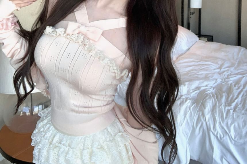 A-Line Lace Ruffle Plain Waist Skirt Ribbed Bowknot Cami Mini Knit Trim Mid / Cardigan Top