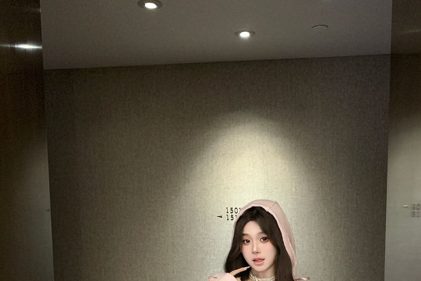 Hooded Plain Trim Top Mid A-Line Neck Long-Sleeve Lace Mini Rise Scoop / Skirt