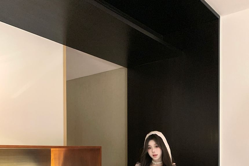 Hooded Plain Trim Top Mid A-Line Neck Long-Sleeve Lace Mini Rise Scoop / Skirt