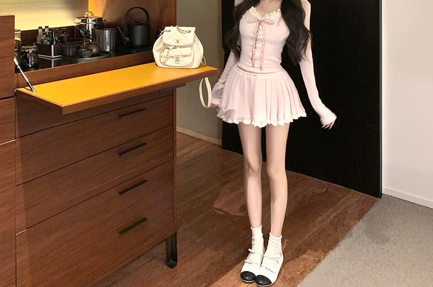 Hooded Plain Trim Top Mid A-Line Neck Long-Sleeve Lace Mini Rise Scoop / Skirt