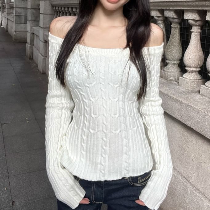 Cable Neck Sweater Knit Plain Scoop