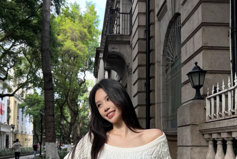 Cable Neck Sweater Knit Plain Scoop