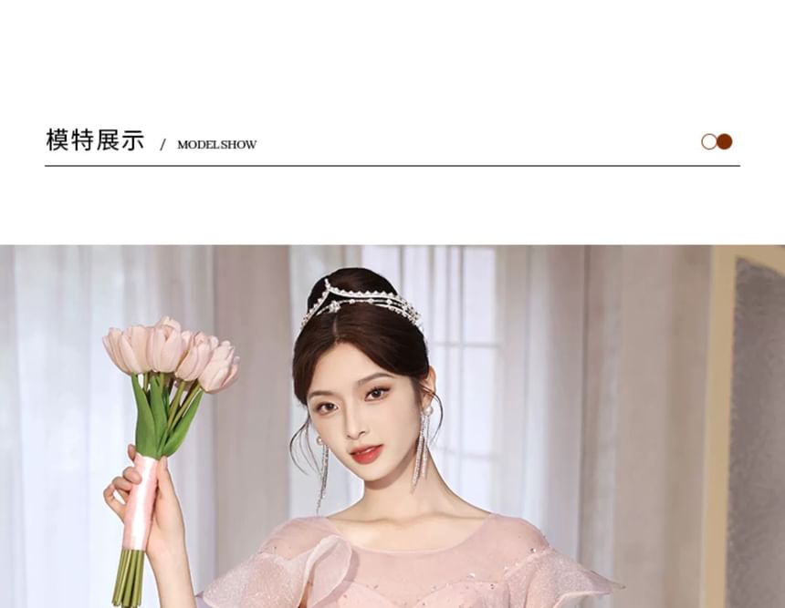 Short-Sleeve Floral Sequin Ruffle A-Line Evening Gown