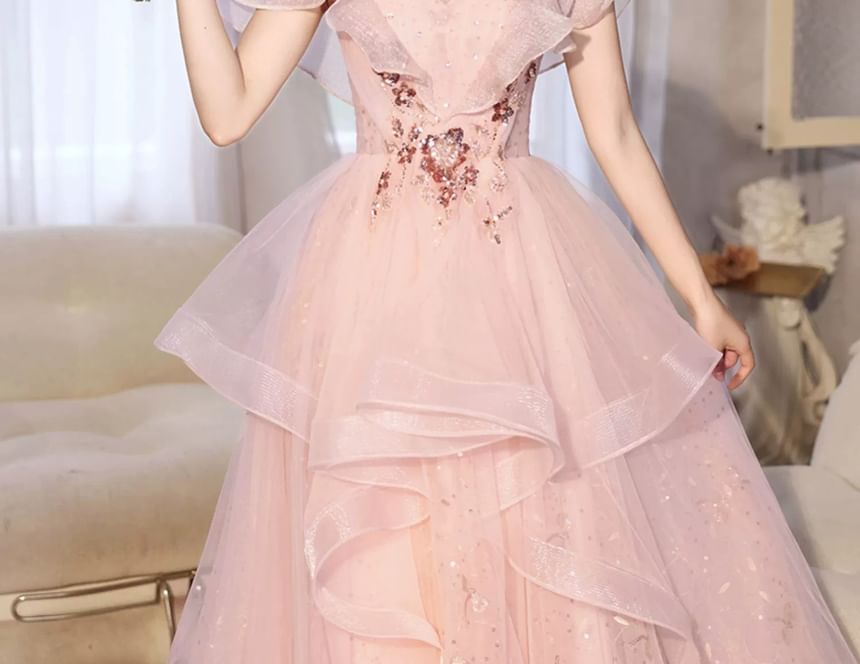 Short-Sleeve Floral Sequin Ruffle A-Line Evening Gown