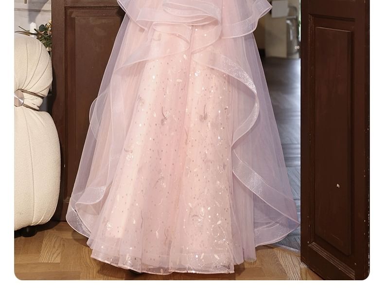 Short-Sleeve Floral Sequin Ruffle A-Line Evening Gown