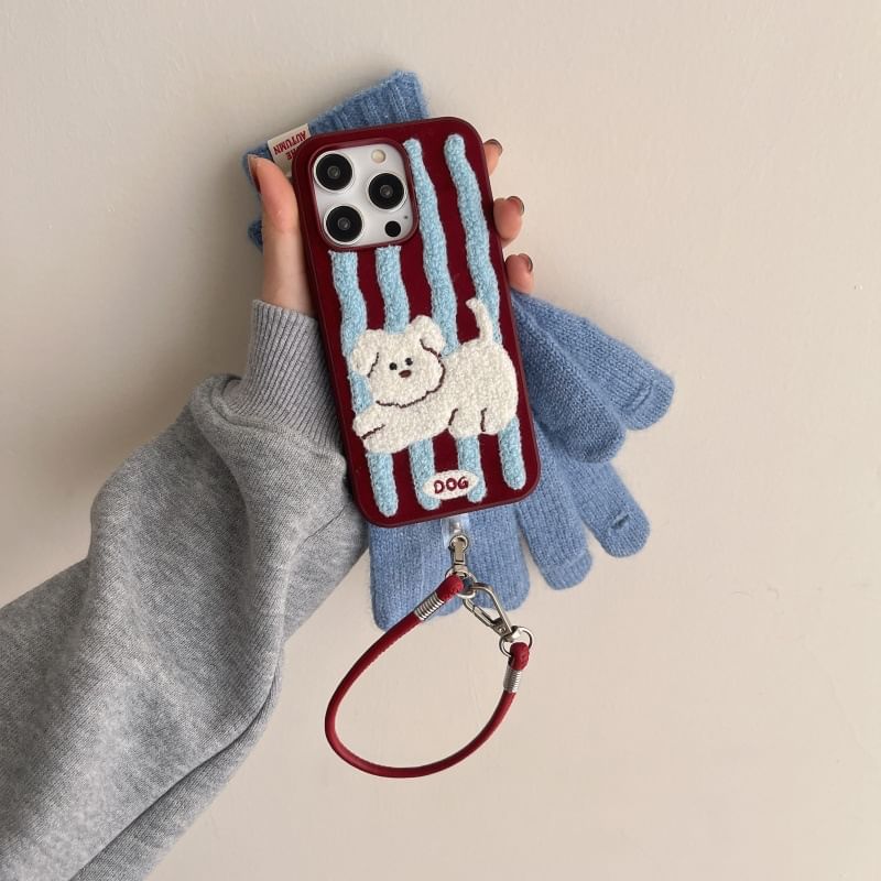 Phone Embroidered Striped Case Dog