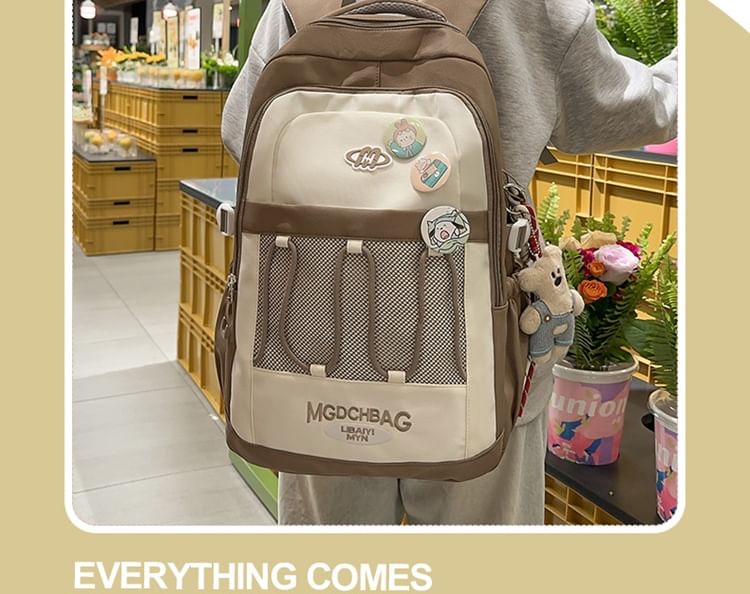 Embroidered Nylon Set Lettering Panel Brooch Backpack / Drawstring Mesh