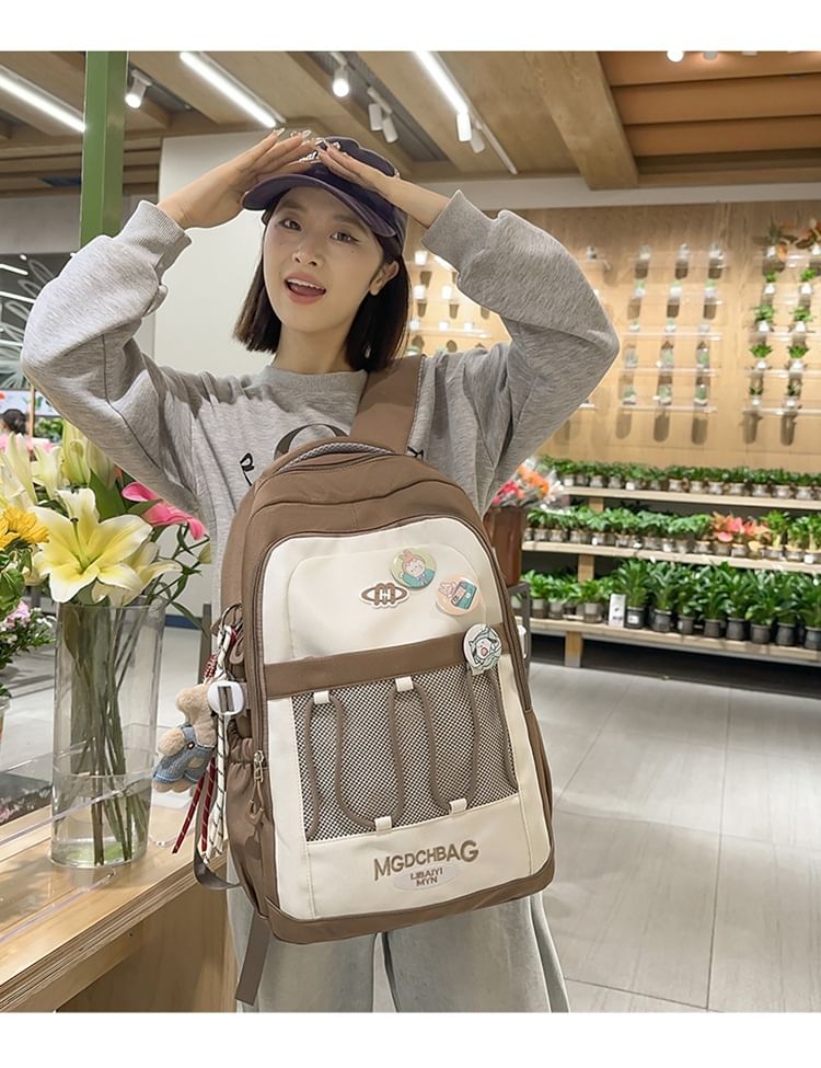 Embroidered Nylon Set Lettering Panel Brooch Backpack / Drawstring Mesh