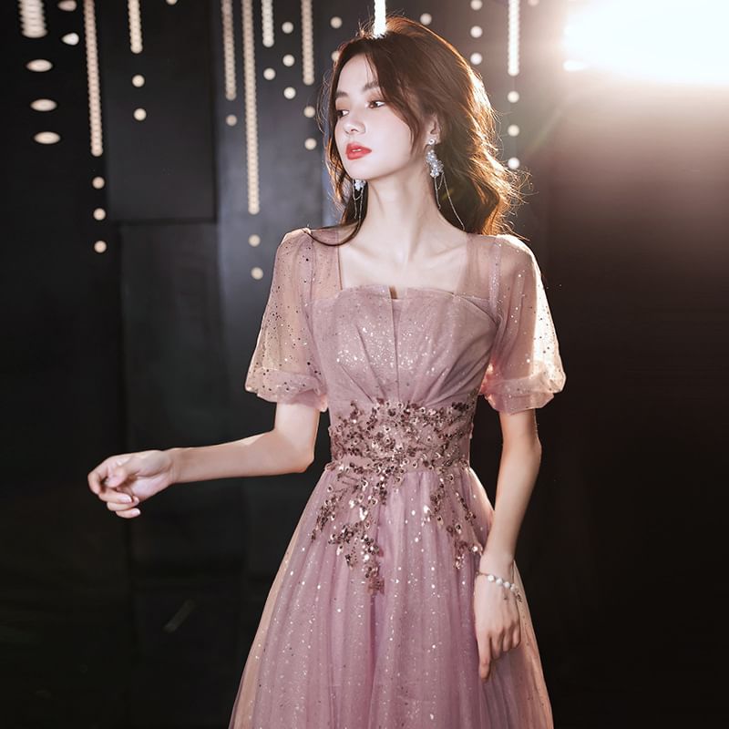 Short-Sleeve Sequin Tulle A-Line Evening Gown (Various Designs)