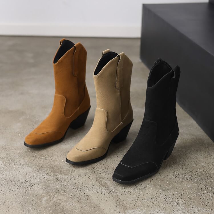 Suede Calf Square Block Mid Panel Heel Faux Toe Boots
